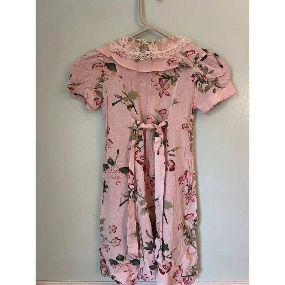 RACHEL’S KIDS Pink Floral 5 Tie Back Dress Garden Cottagecore‎ Vtg